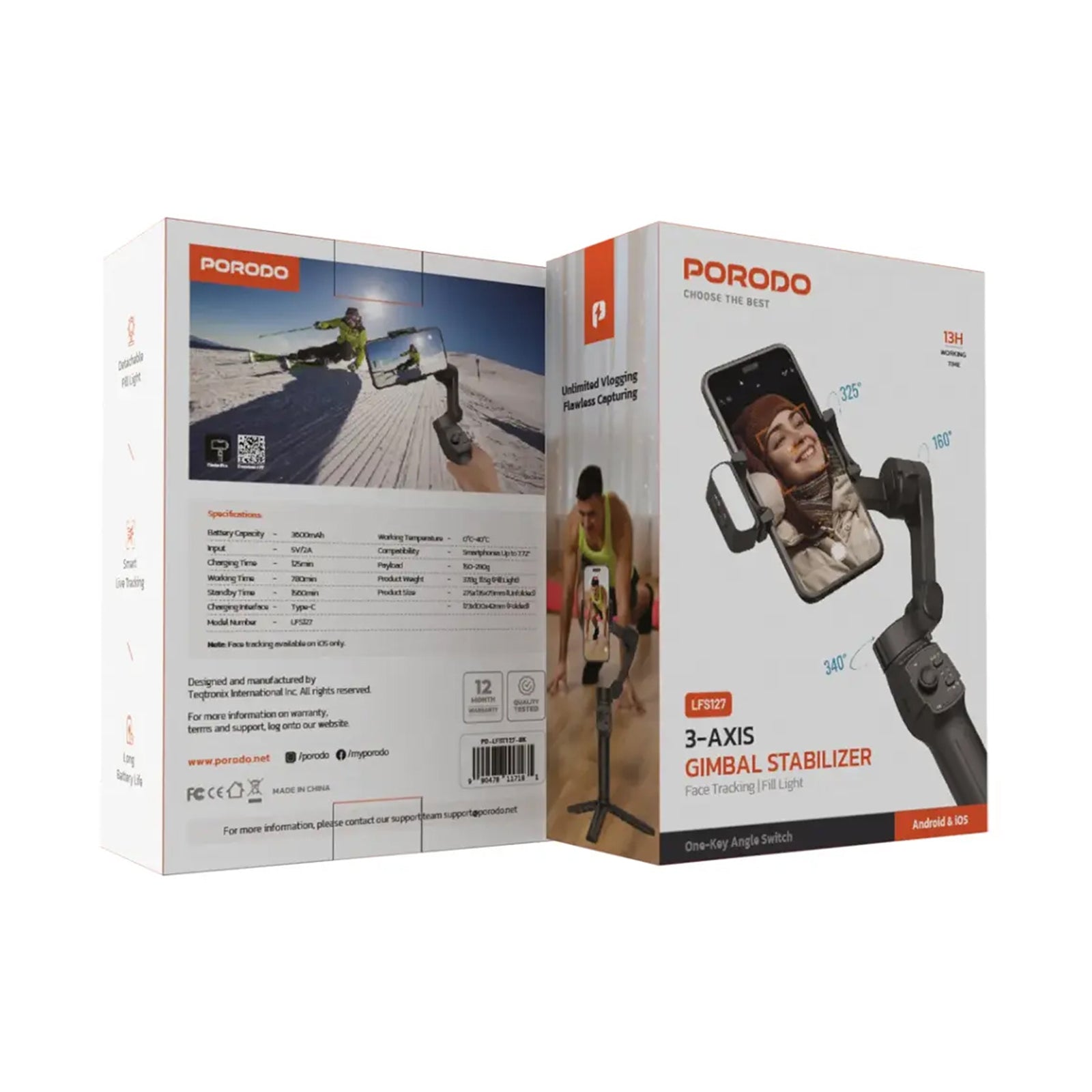 PORODO 3-Axis Gimbal With LED Light - Black