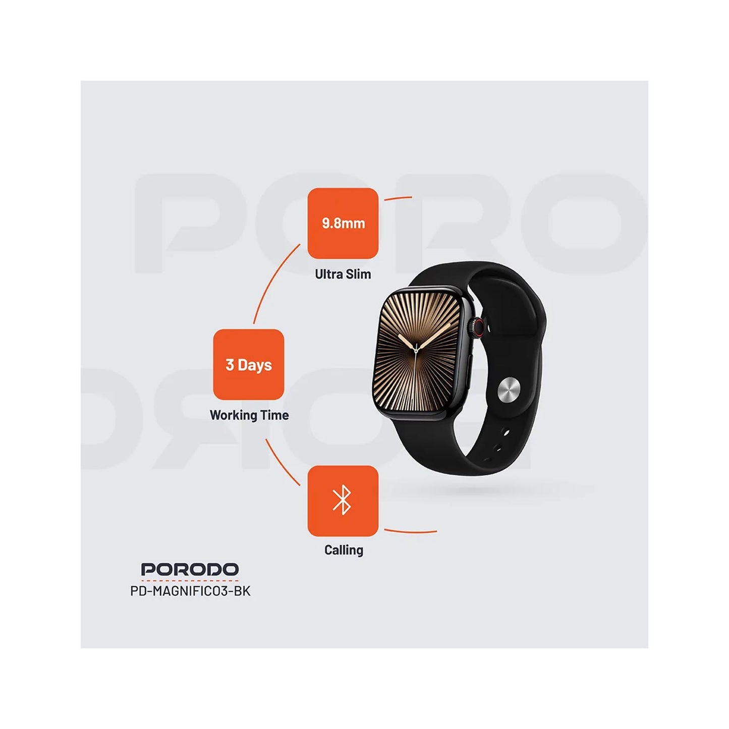 Porodo Magnifico 3 HD Smart Watch with Black Straps PORODO