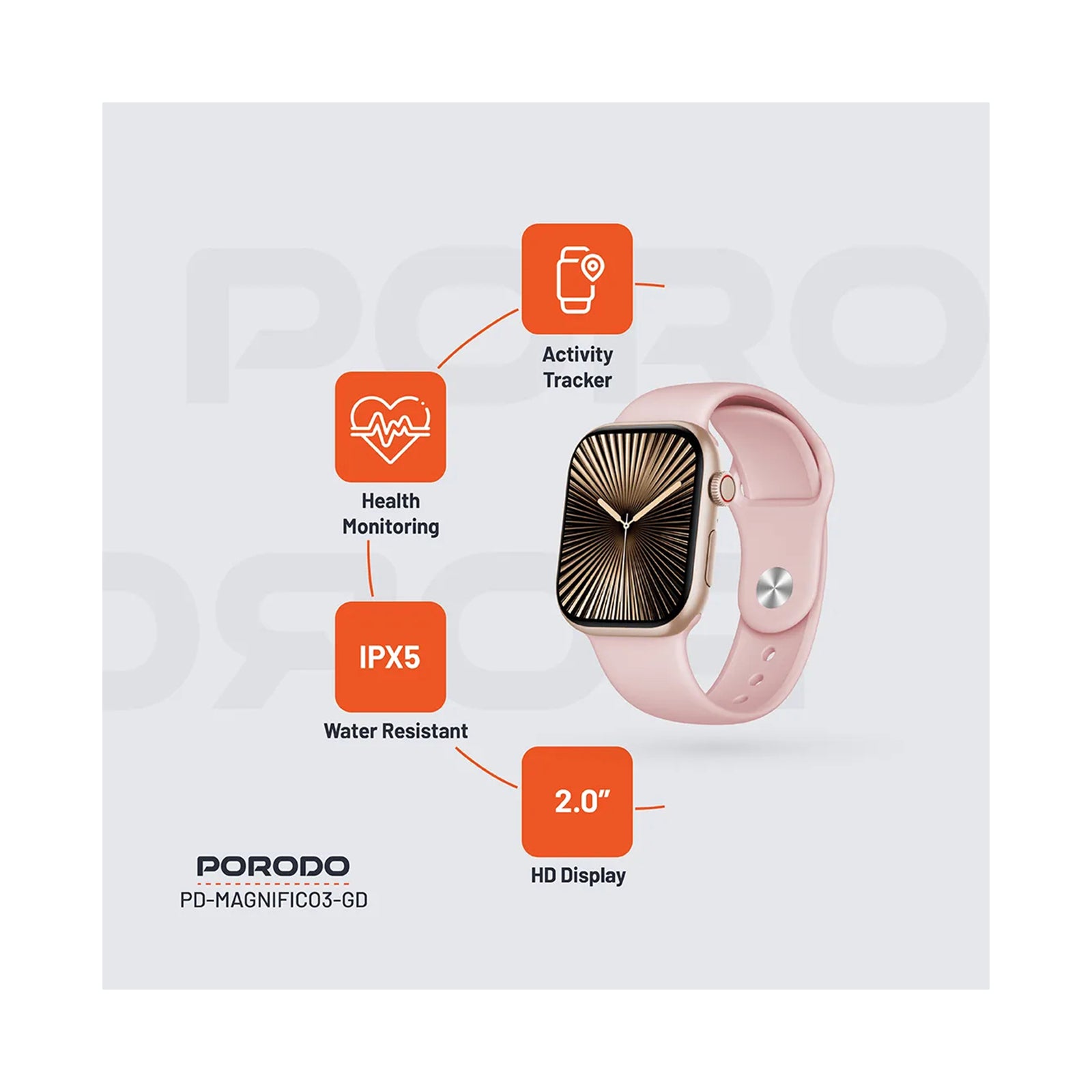 Porodo Magnifico 3 HD Smart Watch with Gold Straps