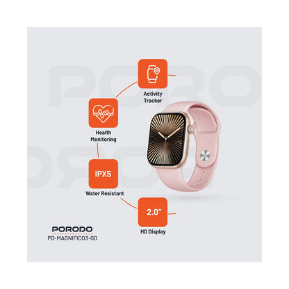Porodo Magnifico 3 HD Smart Watch with Gold Straps