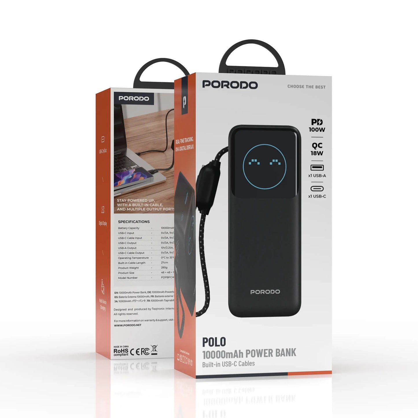 Porodo Polo 12000MAH 100w Powerbank With Type-C Cable - Blk