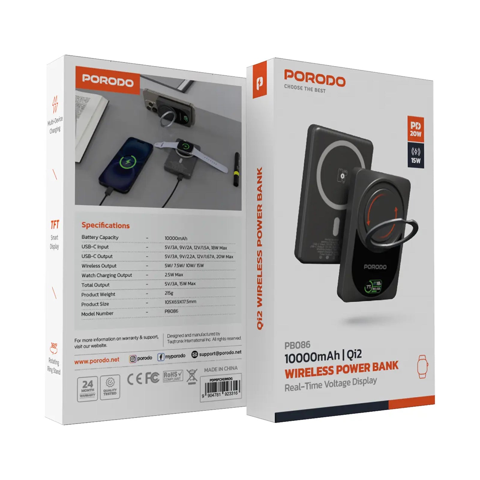 PORODO 10000mAh Power bank 5V/3A Max. Qi2 - Dark Grey