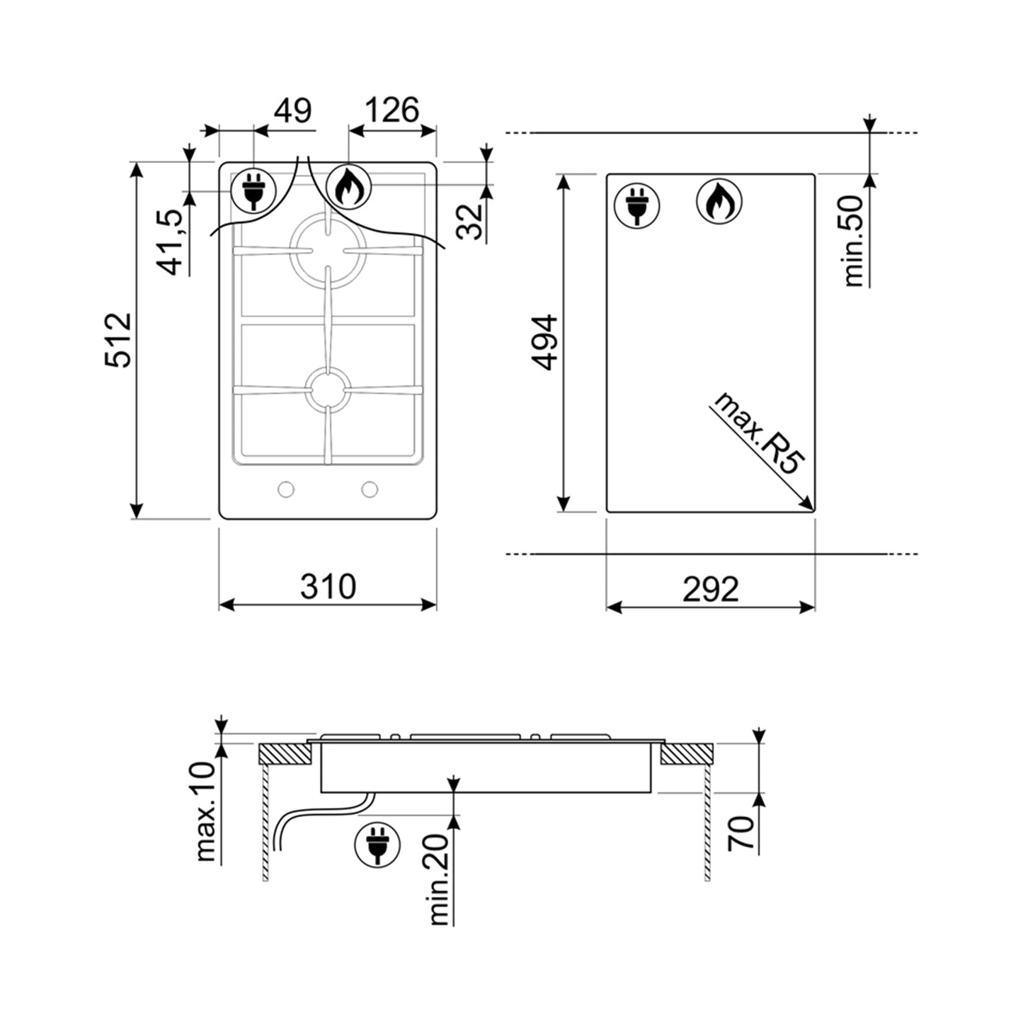 SMEG Hob 30 cm 2 Gas Burners Safety Stainless Steel