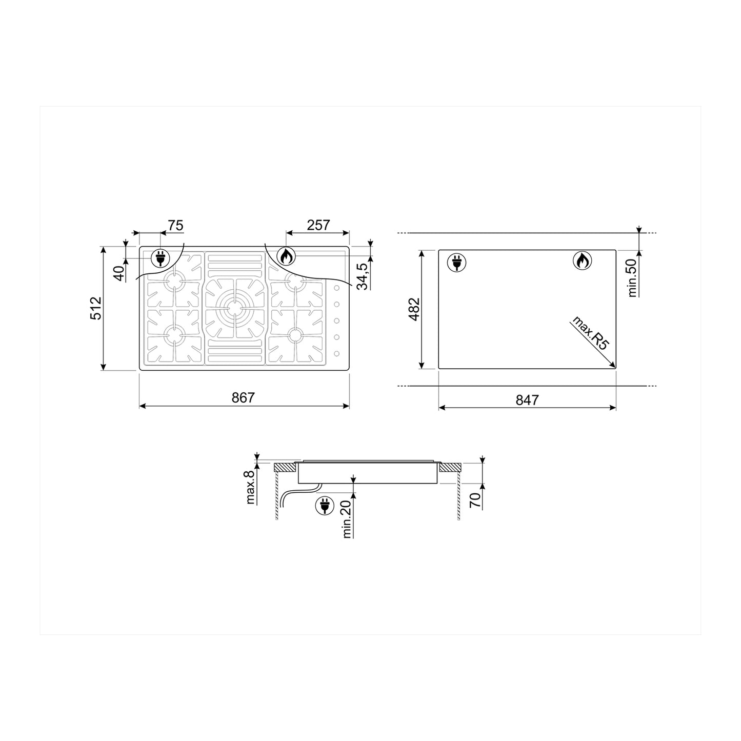 SMEG Hob 90 cm 5 Gas Burners Classica Safety Satin Stainless