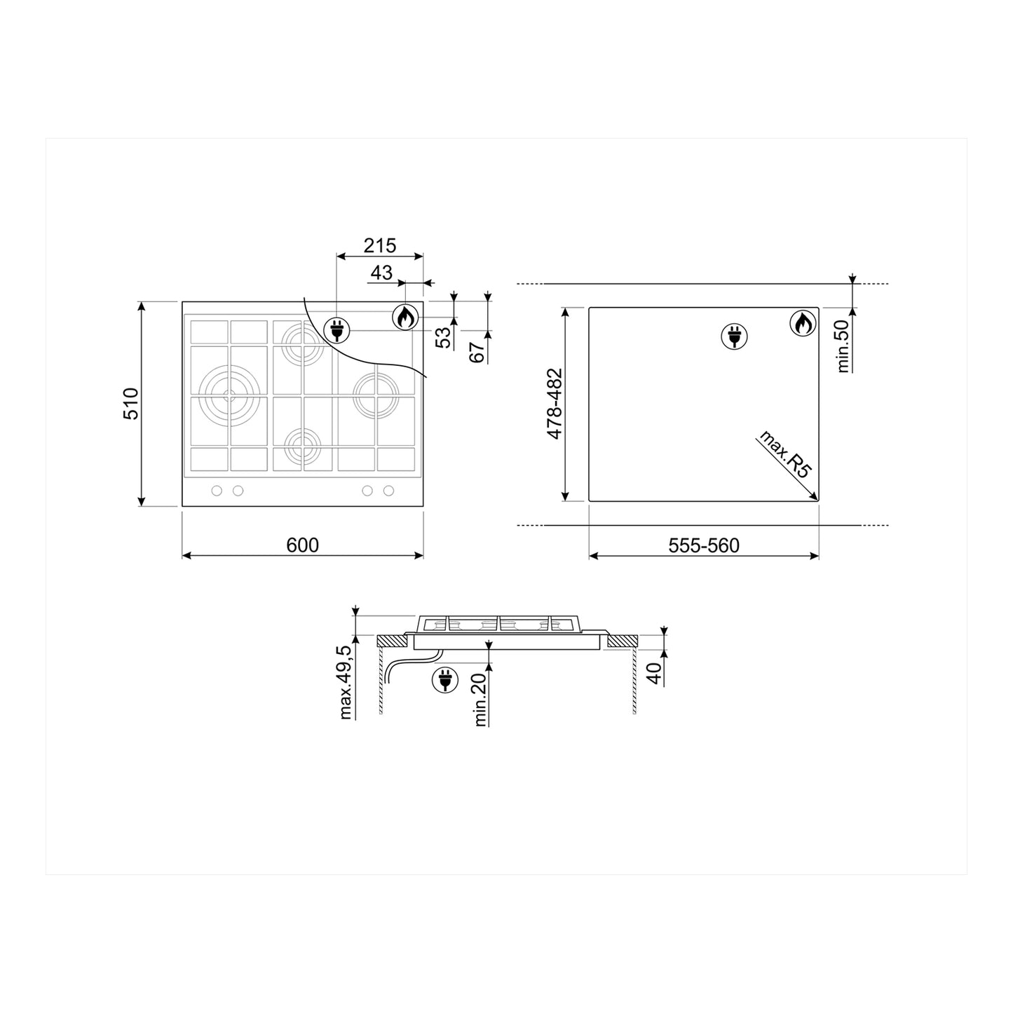 SMEG Hob 60 cm 4 Gas Burners Safety Stainless steel