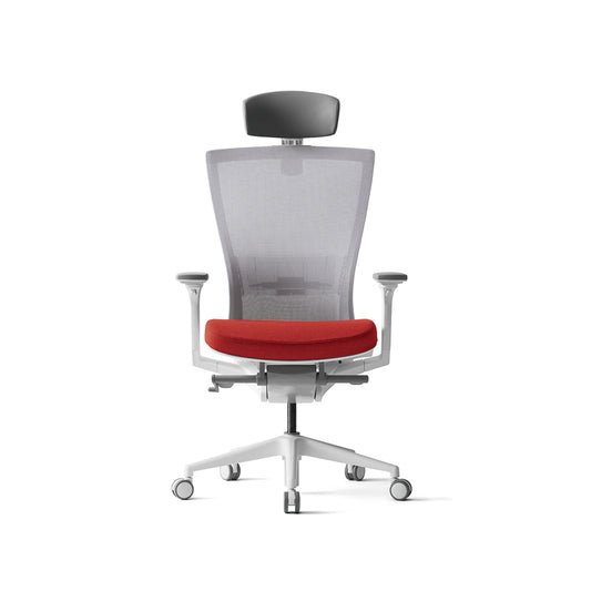Radius High Mesh Back Chair+Adjustable Arms White / Red Seat