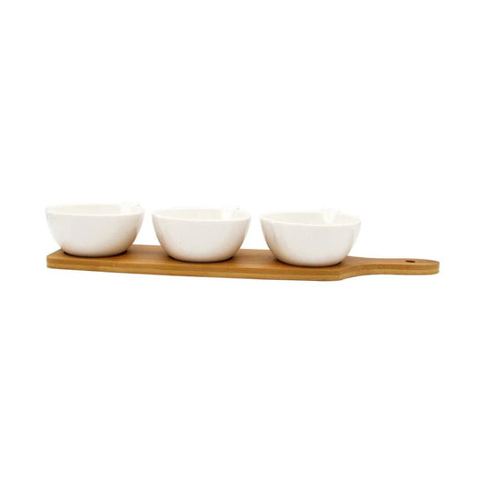 White ceramic bowl bamboo wood Tray