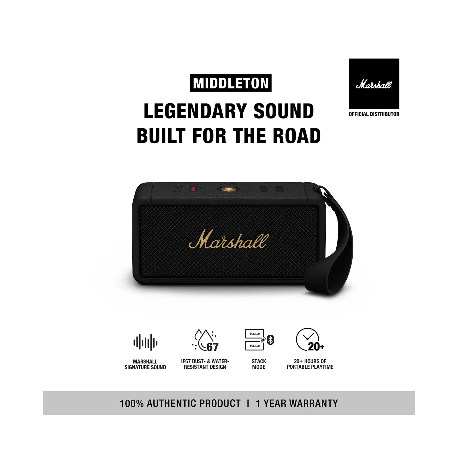 MARSHALL MIDDLETON PORTABLE SPEAKER BLACK AND BRASS