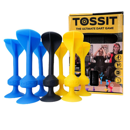 Set of colorful blue, yellow and black silicon dart set with Tossit packaging in the background