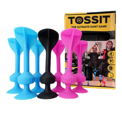 Colorful blue, pink and black silicon dart set with Tossit packaging in the background