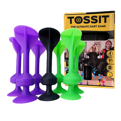 Colorful purple, green and black silicon darts with Tossit packaging in the background