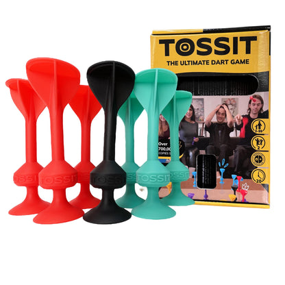 Colorful red, cyan, and black silicon dart set with Tossit packaging in the background