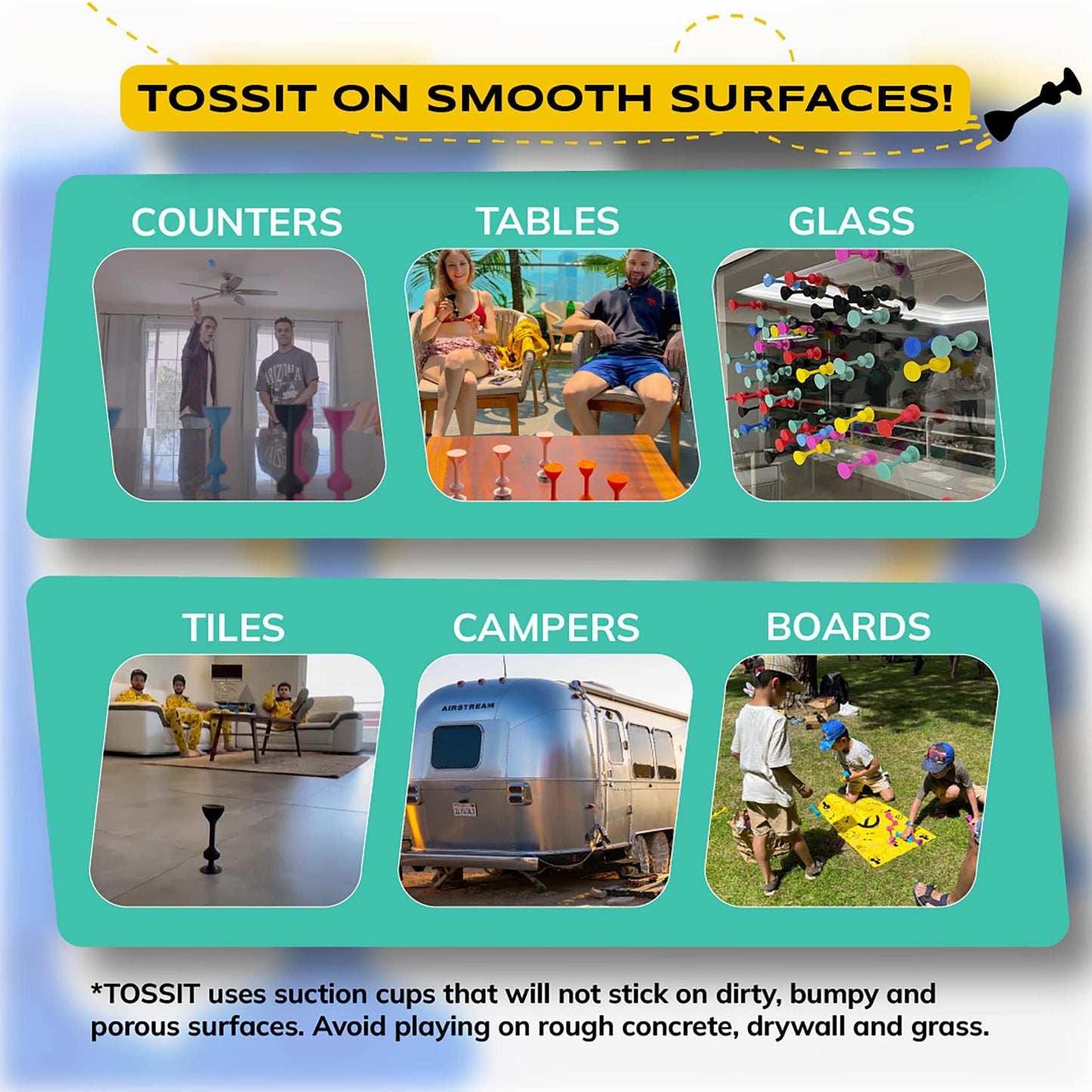Product advertisement showing various surfaces where 'TOSSIT' can be used, with images of people and objects on different types of flooring and furniture.