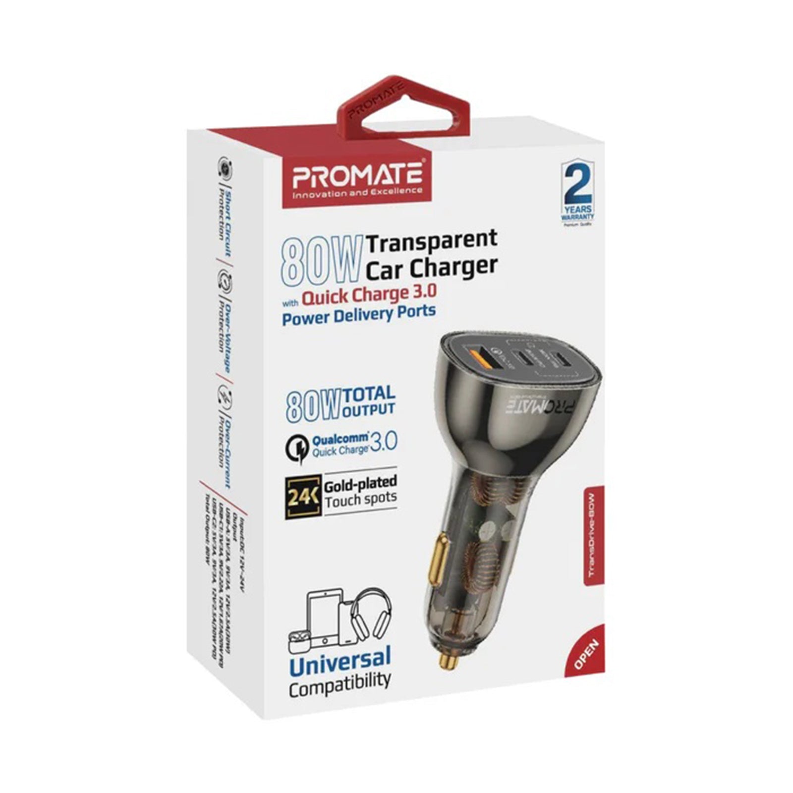 PROMATE 80W MULTI - PORT TRANSPARENT CAR CHARGER WITH QC 3.0