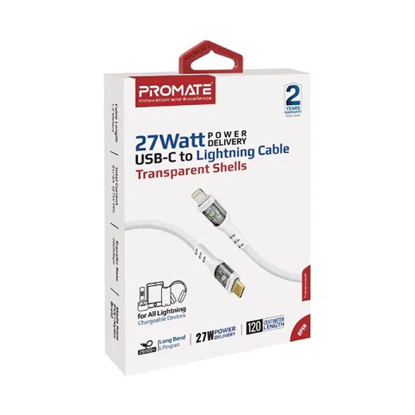 PROMATE 1.2m USB-C TO LIGHTNING CABLE 27W WHITE