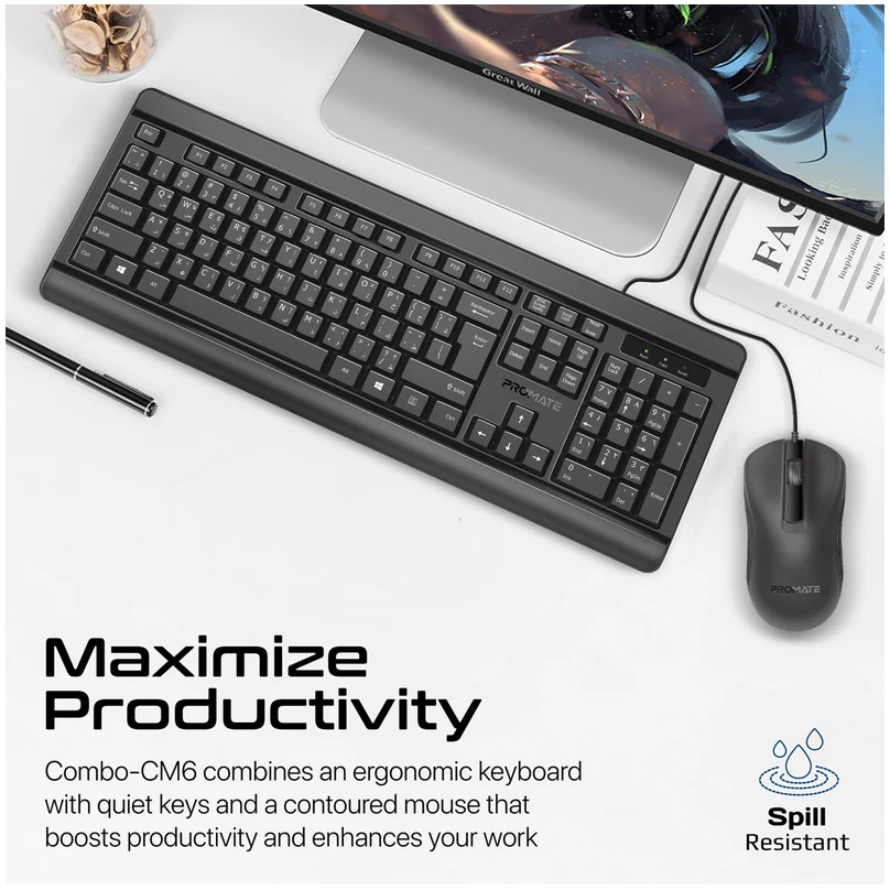 PROMATE Quiet Keys Wired Keyboard and 1200 DPI Mouse