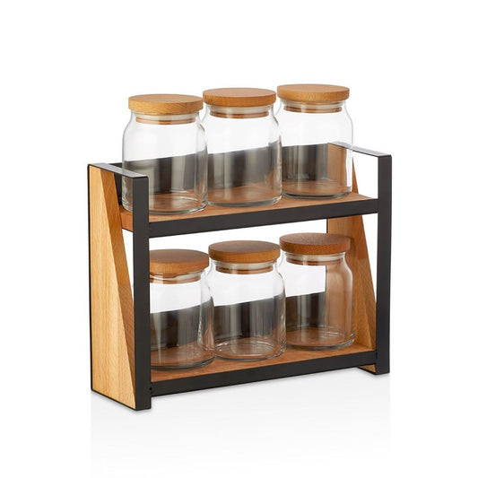 JAR SET WITH METAL-WOOD RACK - 6 PCS