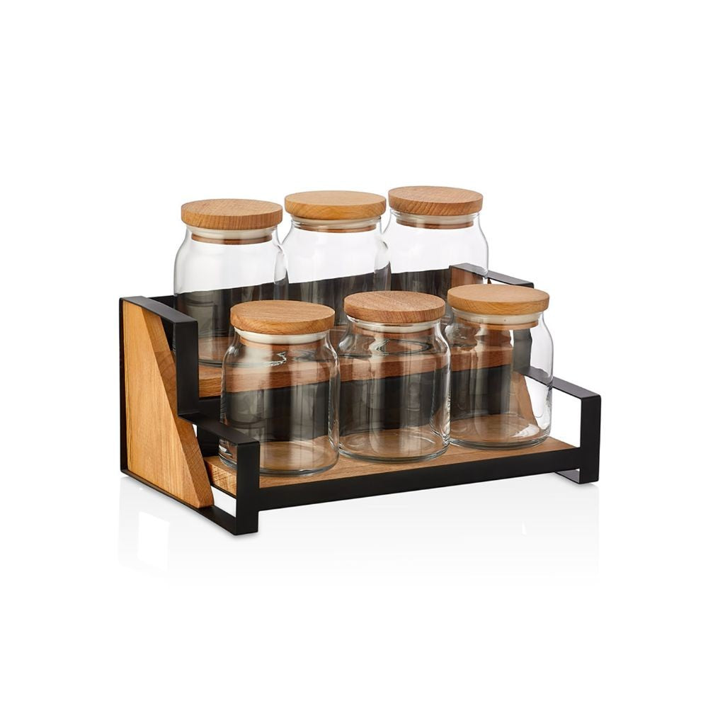 JAR SET WITH METAL-WOOD RACK - 6 PCS