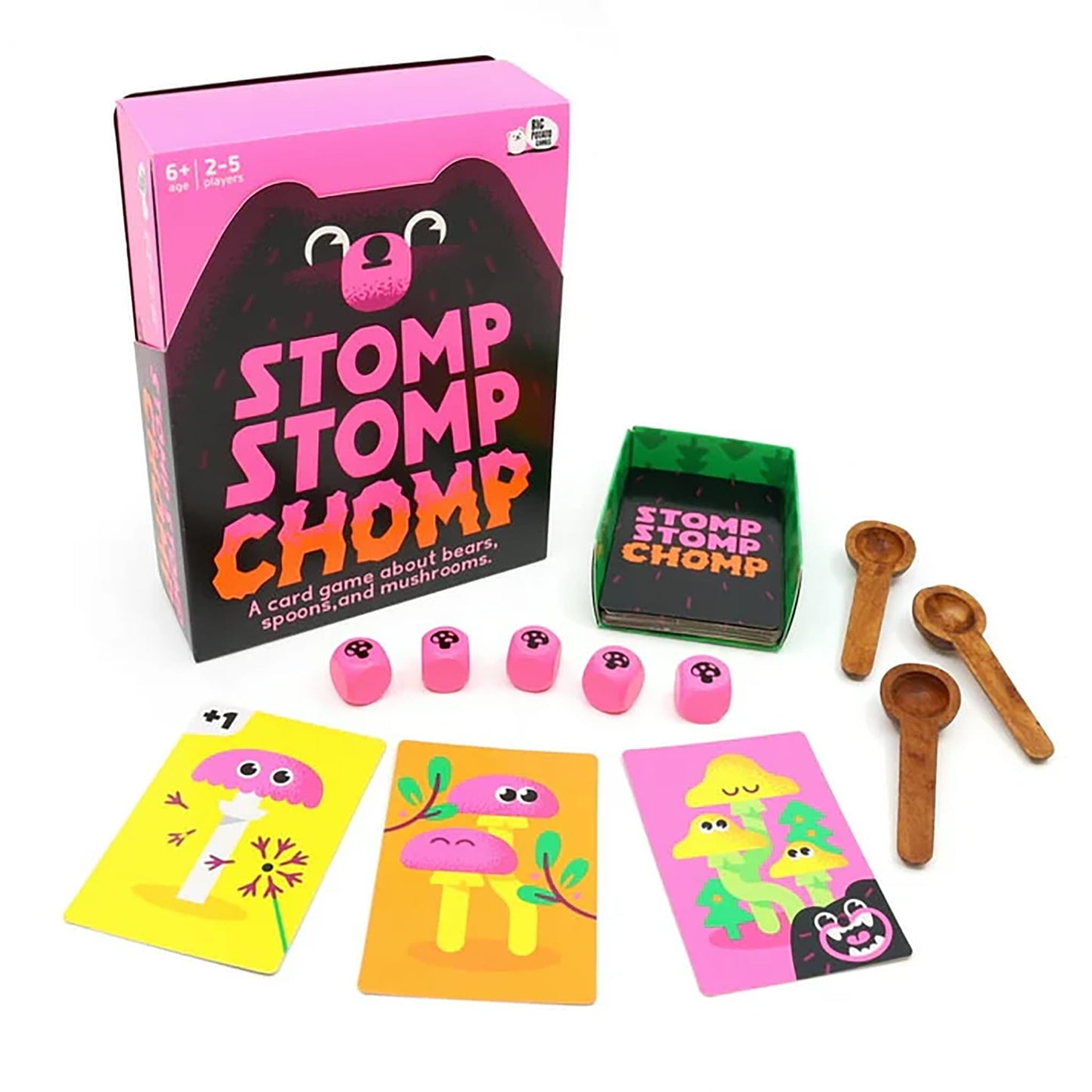 Stomp Stomp Chomp card game components including cards, dice, and wooden spoons on a white background.