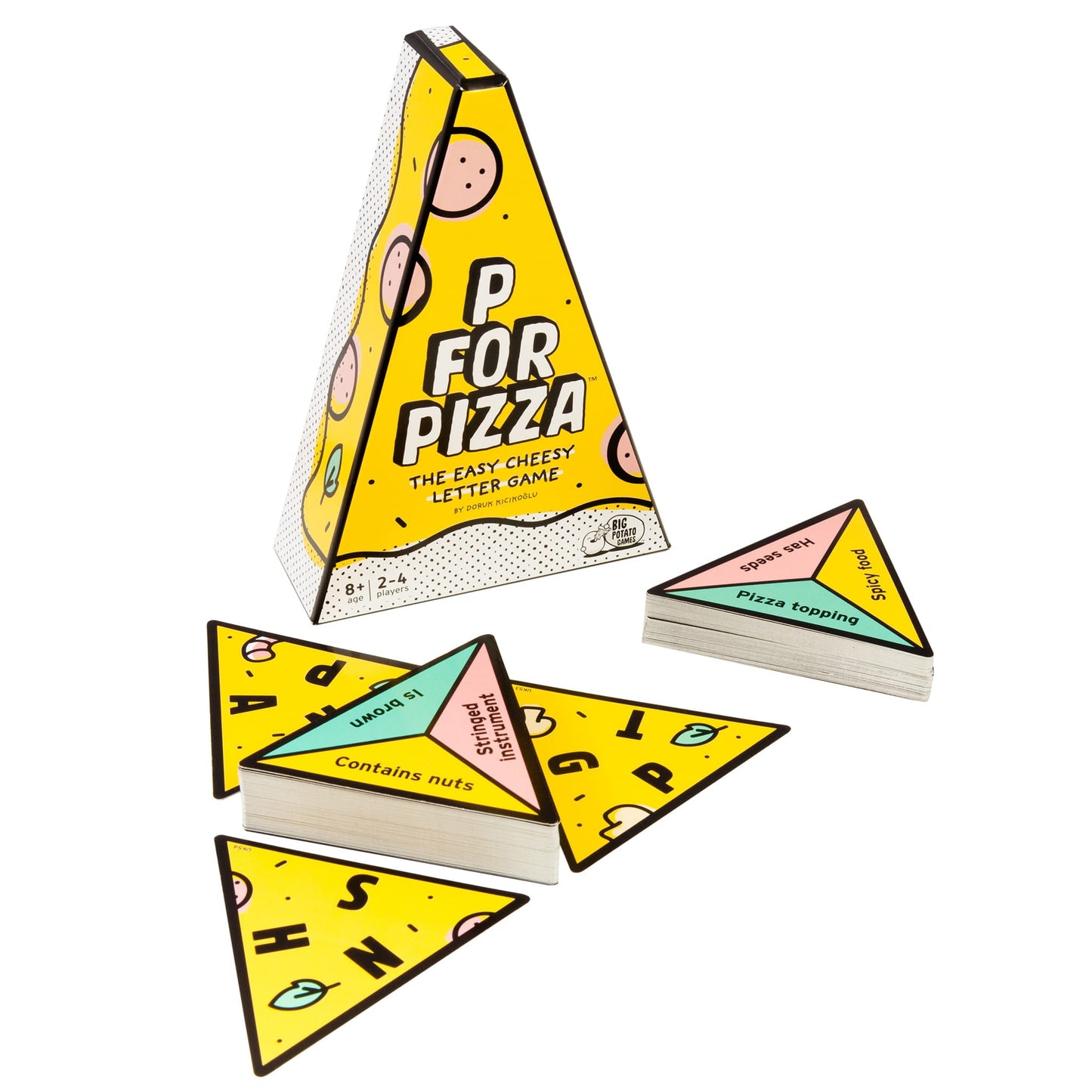 Triangular game box with pizza-themed design on a white background