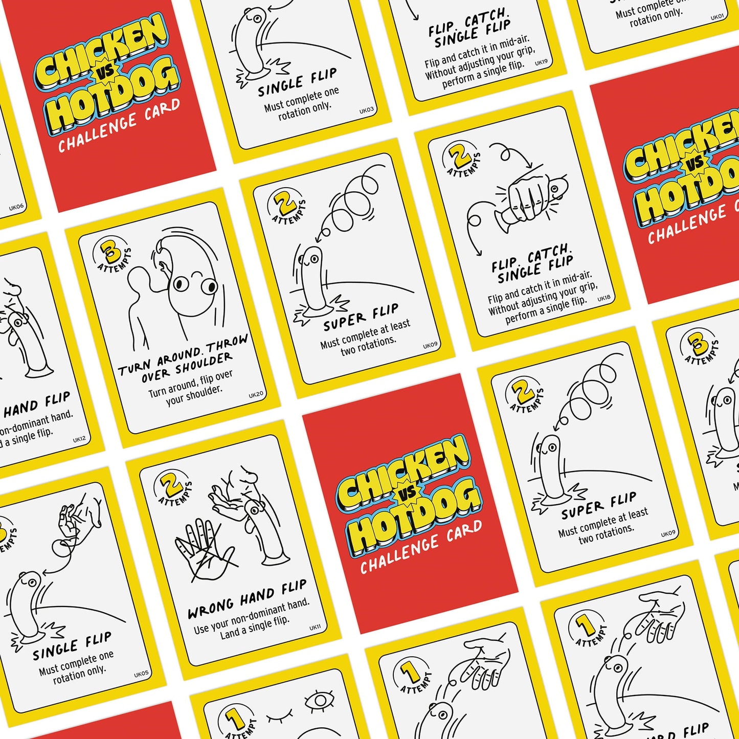 Collection of 'Chicken or Hotdog' challenge cards with illustrations and text.