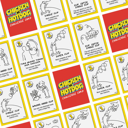 Collection of 'Chicken or Hotdog' challenge cards with illustrations and text.