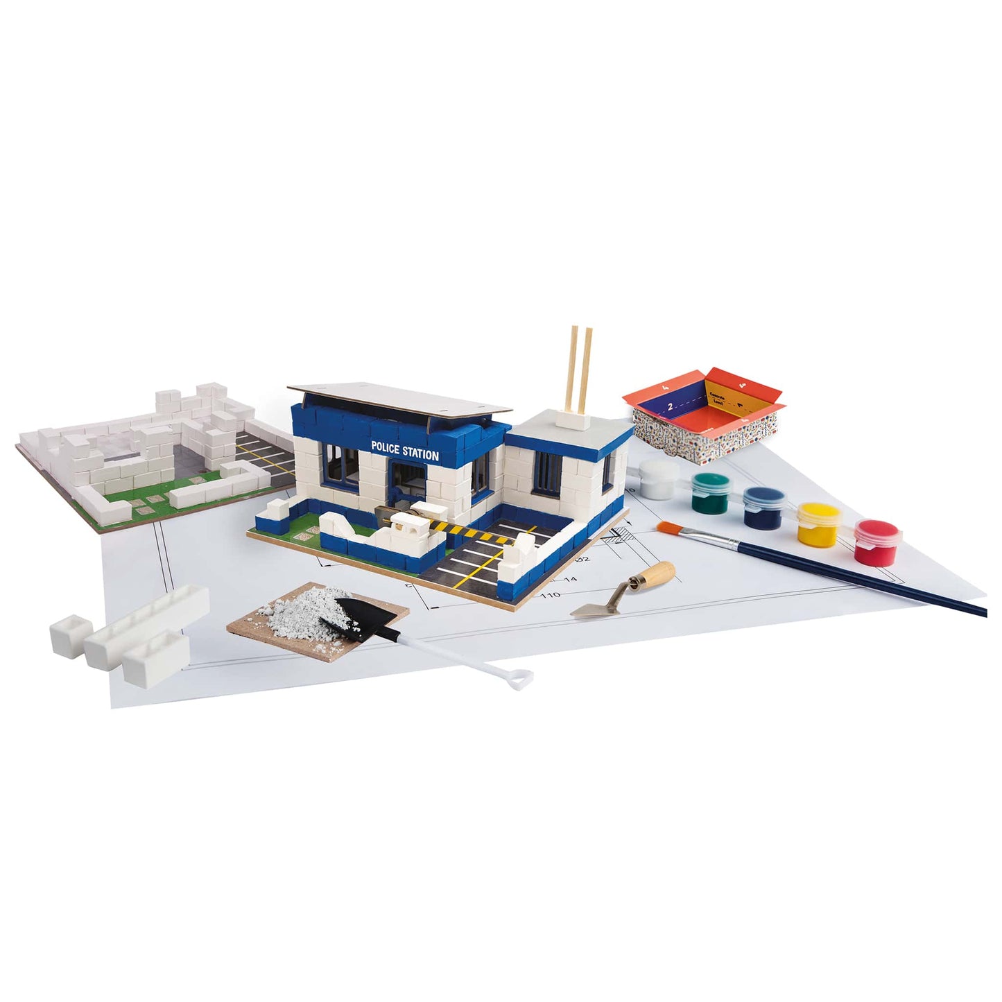 Model police station set with accessories on a white background