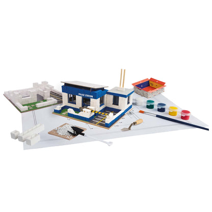 Model police station set with accessories on a white background
