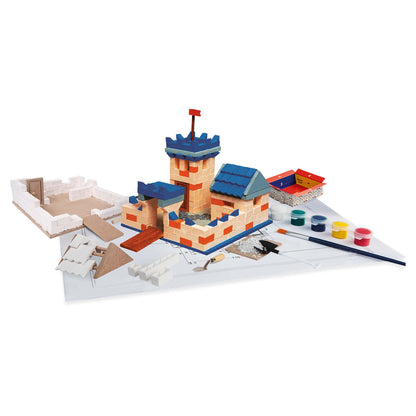 Toy building set with a castle model on a white background