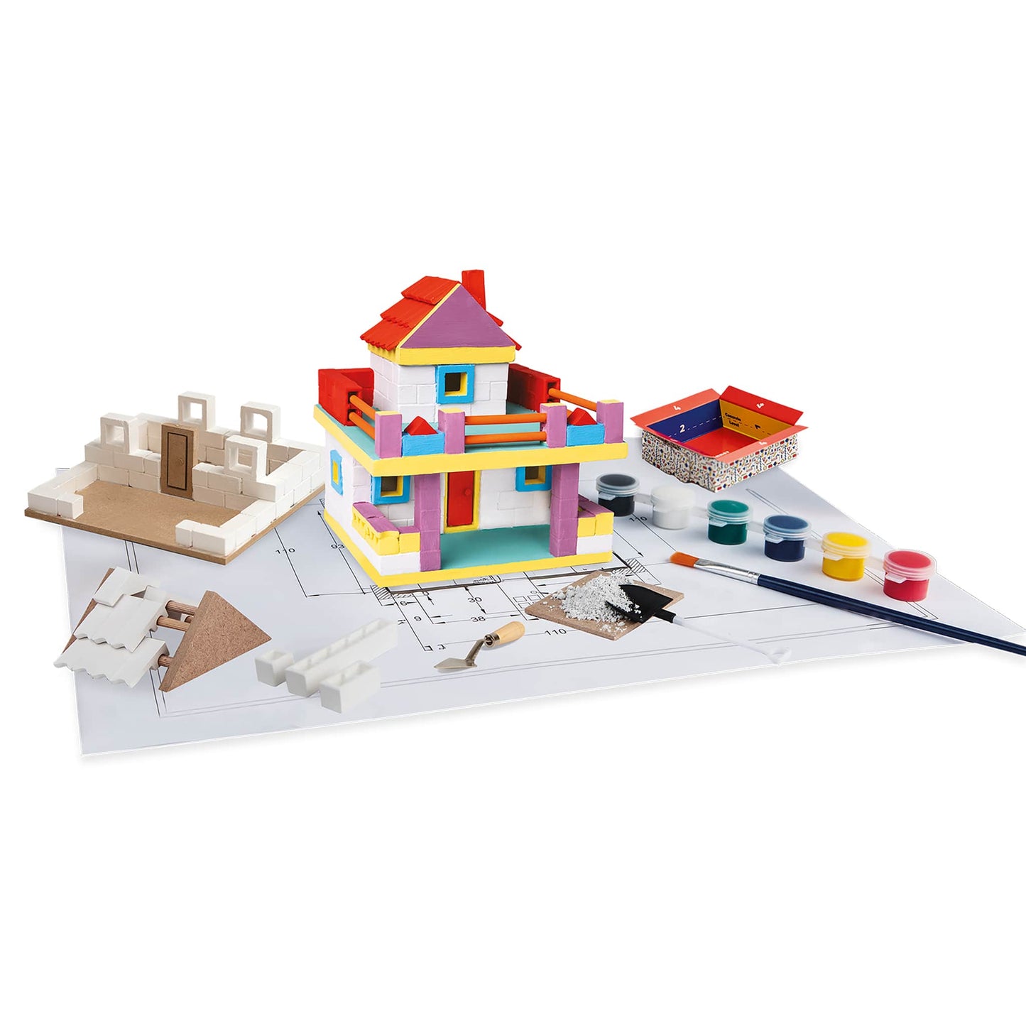 Colorful toy building set with paint cans and brush on a white background