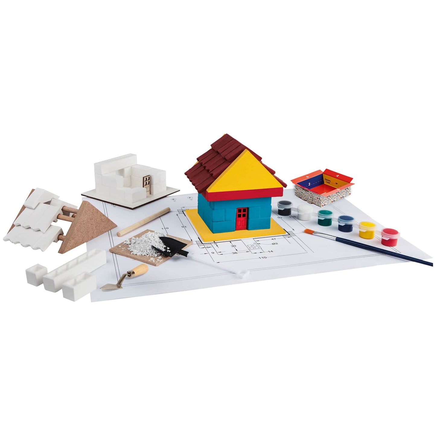 Toy construction set with colorful building blocks on a white background