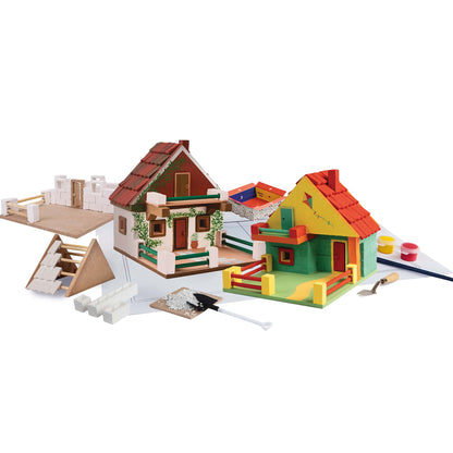 Colorful toy house set with tools on a white background