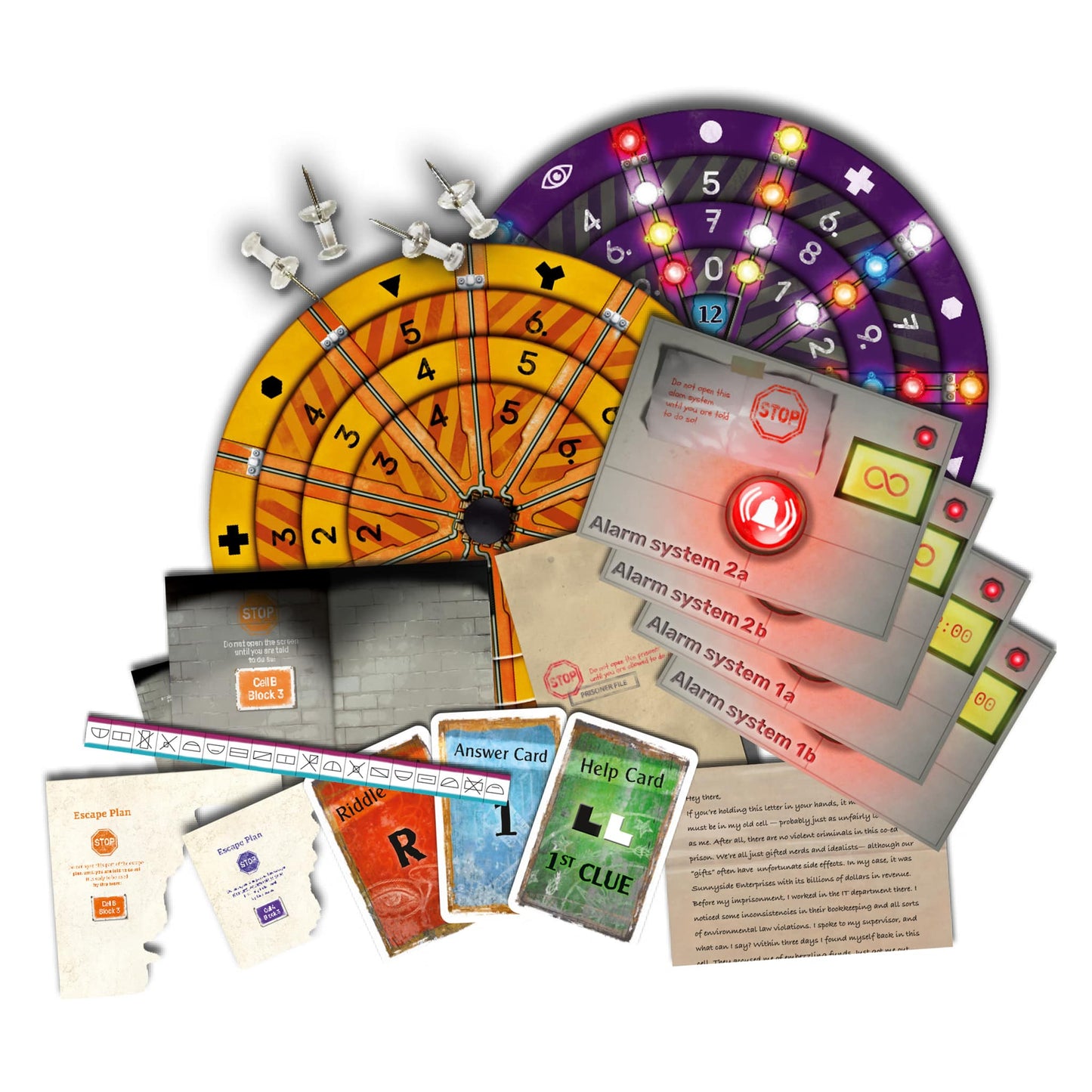 Assorted game components including a clock-like spinner, cards, and game pieces on a white background