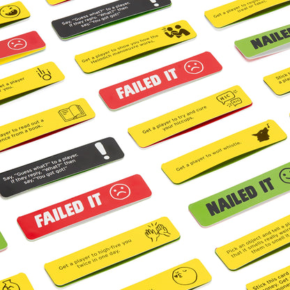 Collection of colorful game cards with various text and icons on a white background