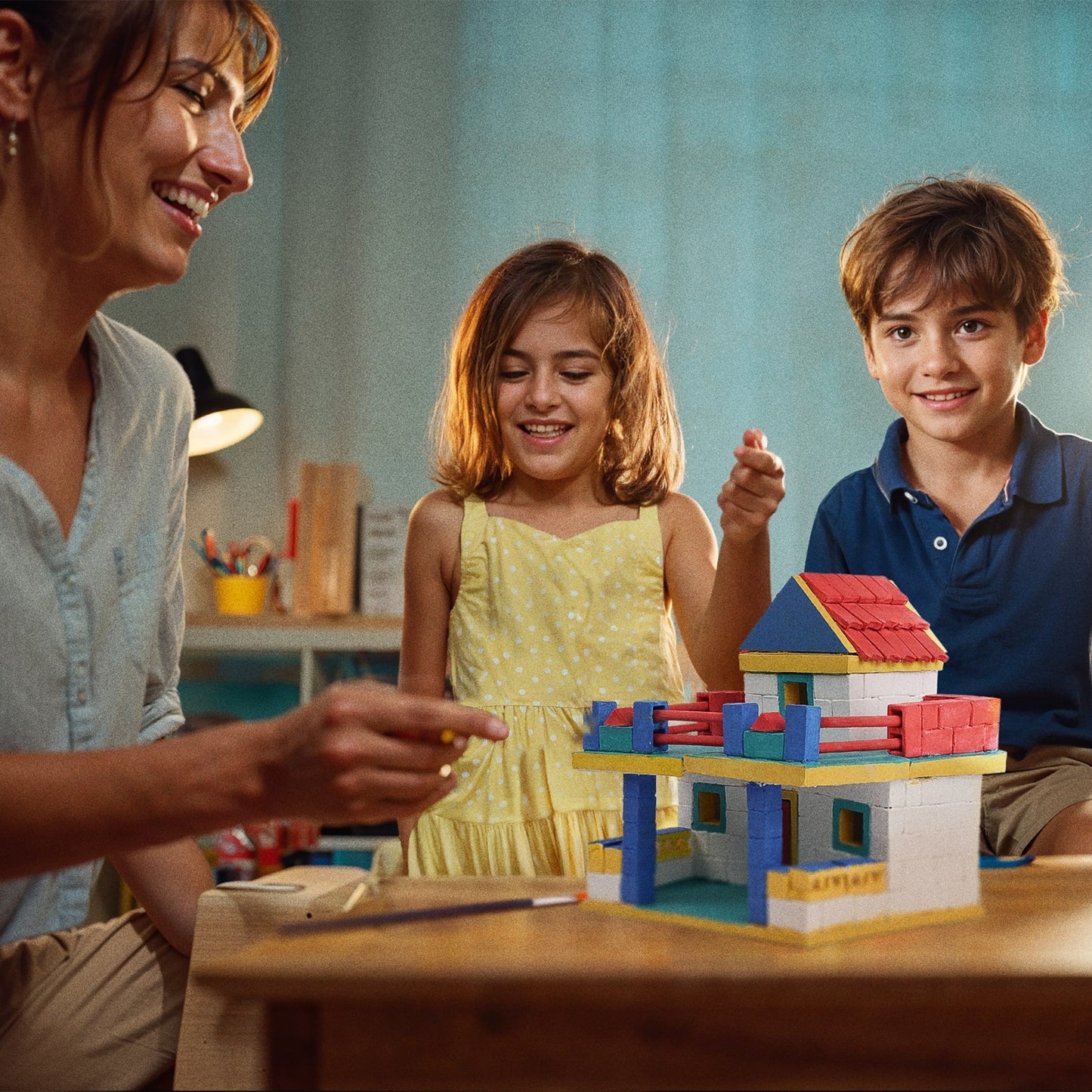 Woman and two children playing with a toy house at a table.