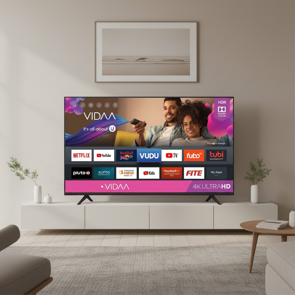 IDEA LED 50" Frameless UHD Smart TV in neutral modern living room on stand