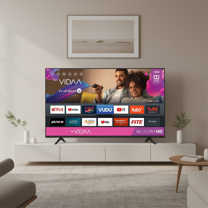 IDEA LED 50" Frameless UHD Smart TV in neutral modern living room on stand