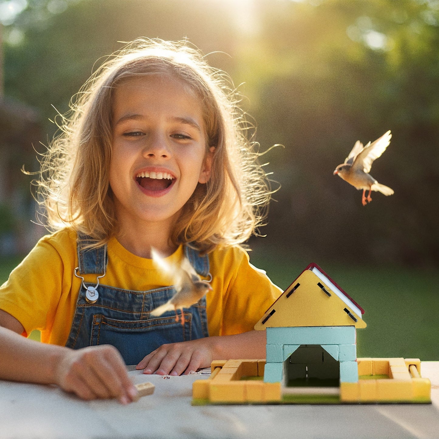 Child playing with a toy birdhouse and bird outdoors on a sunny day