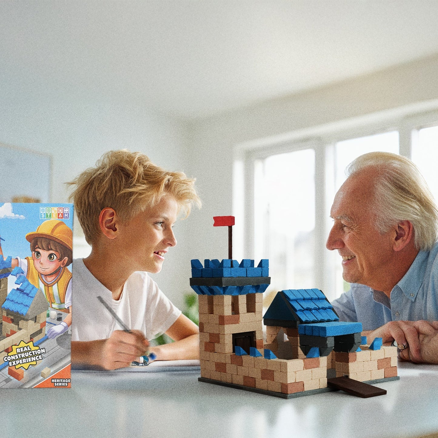 Two people building a model with building blocks in a bright room.