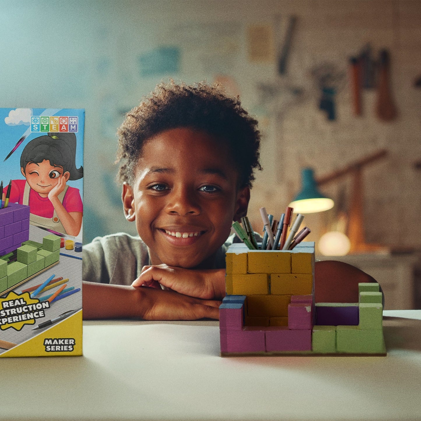 Child with a toy construction set and educational materials in a classroom setting