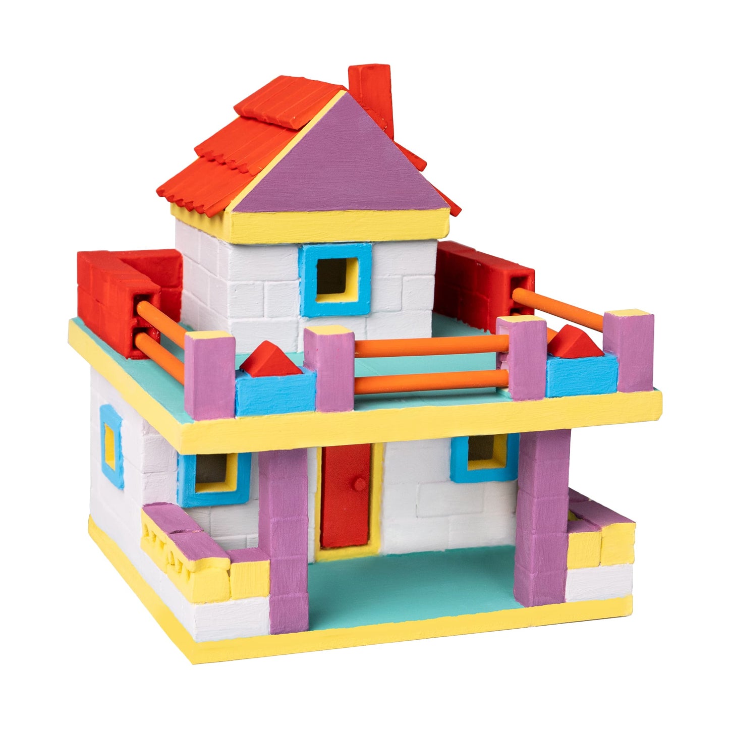 Colorful toy house made of interlocking blocks on a white background
