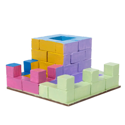 Colorful desk organizer built from bricks on a white background