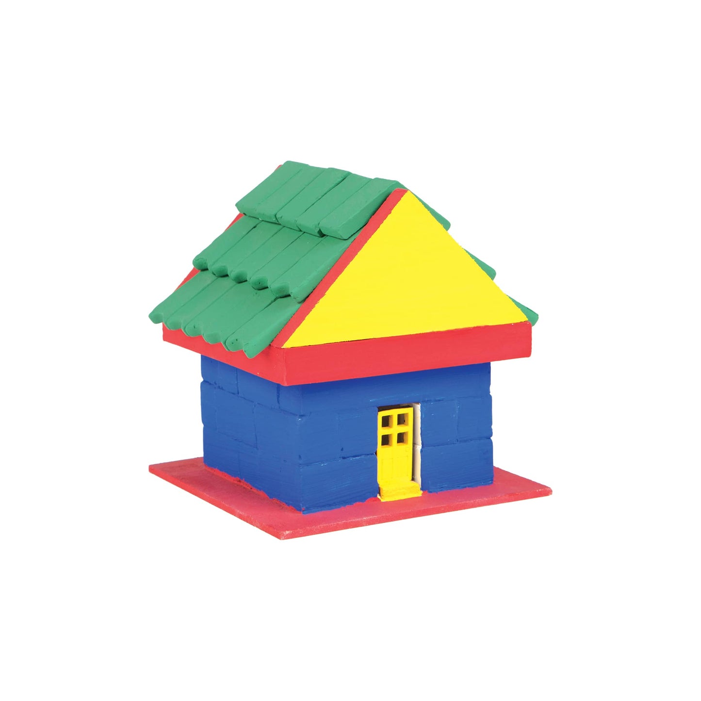 Colorful toy house made of interlocking blocks on a white background