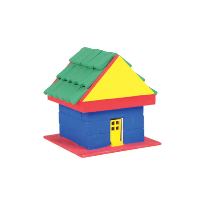 Colorful toy house made of interlocking blocks on a white background