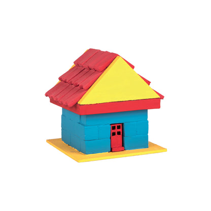 Colorful toy house made of interlocking blocks on a white background